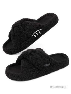 Womens Fuzzy Open Toe Memory Foam Slippers Bow Crossband House Shoes